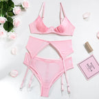 Pink Breast-exposed Hip Sexy Lingerie Three-piece Set New Hollow-out Beautiful Style Hip-exposed Hot - DanaFashionstore