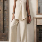 Women Sleeveless Textured Vest And Wide-Leg Button Front Pants Set - DanaFashionstore