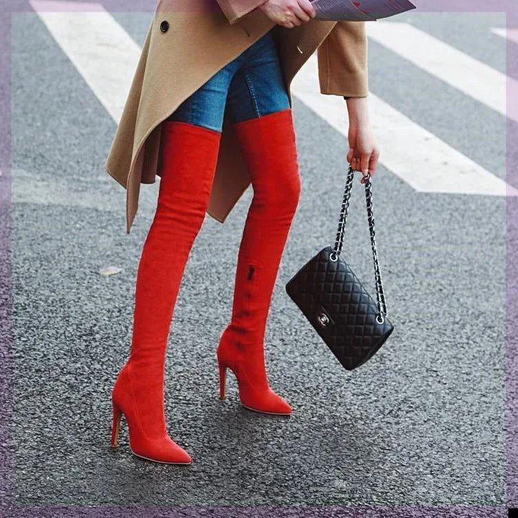 Women Stretch Knee Big Red Boots - DanaFashionstore