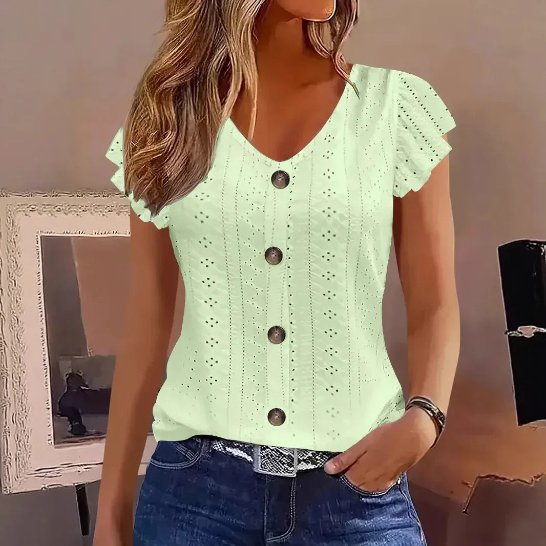 Solid Color Jacquard V-neck Buttons Long Sleeve T-shirt - DanaFashionstore