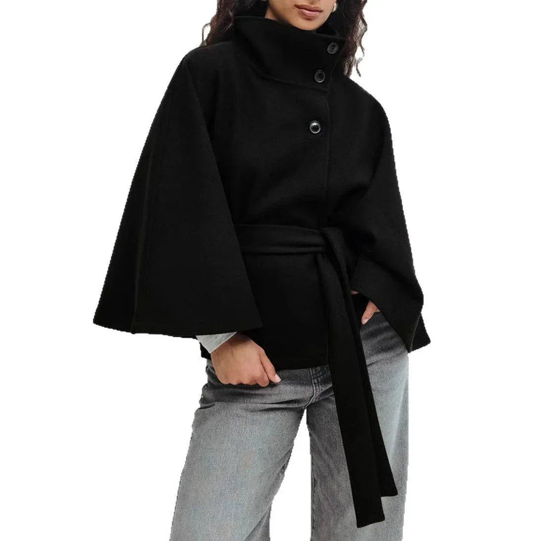 Winter High Neck Batwing Sleeve Coat With Belt Fashion Loose Elegant Button Top Trench Coat For Women Clothing - DanaFashionstore