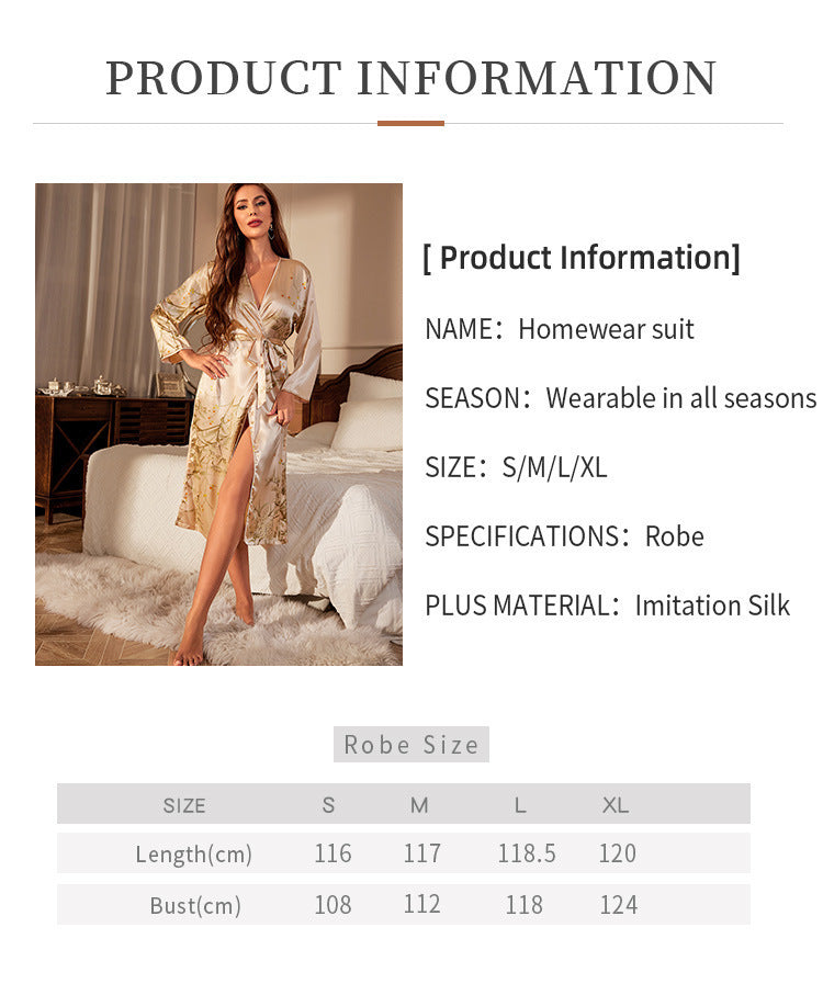 Simple Cardigan Pajamas Ice Silk Home Printing Long Sleeve Nightgown - Dana Fashion