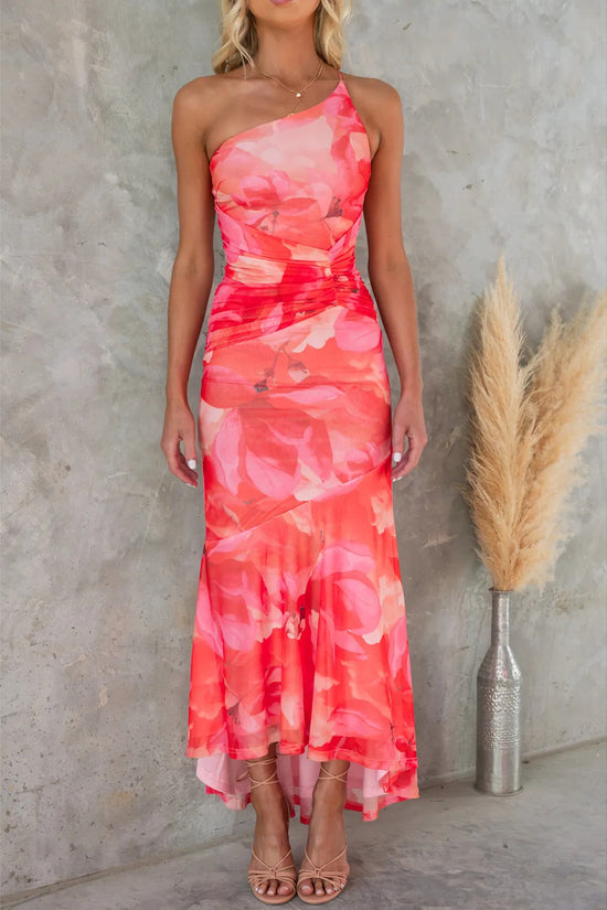 Flowers Print One-shoulder Dress Summer INS Casual Suspender Long Dresses Womens Clothing