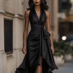 Elegant Deep V-neck Irregular Women's Ruffled Ruffled Evening Dress Gowns Solid Color Lace-up High Waist Satin Party Dresses Wedding Guests Dress - DanaFashionstore