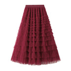 A-Line Mesh Ruffle Skirt Women's Temperament Sweet Long Skirt Slim Cupcake Dress Womens Clothing