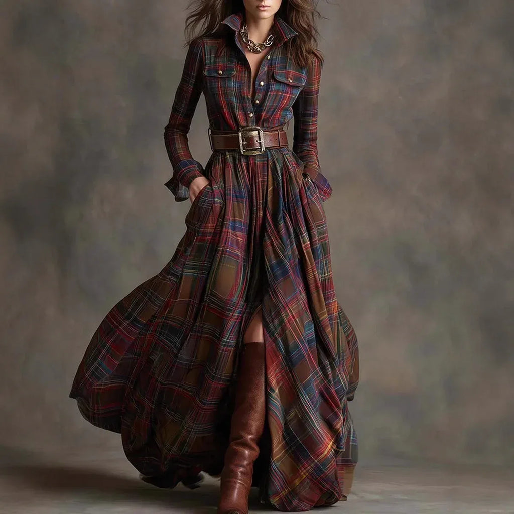 Ins Plaid Print Long-Sleeved Dress Fashion Pockets Collared Buttons Shirt Long Dresses Retro Women's Clothing - DanaFashionstore