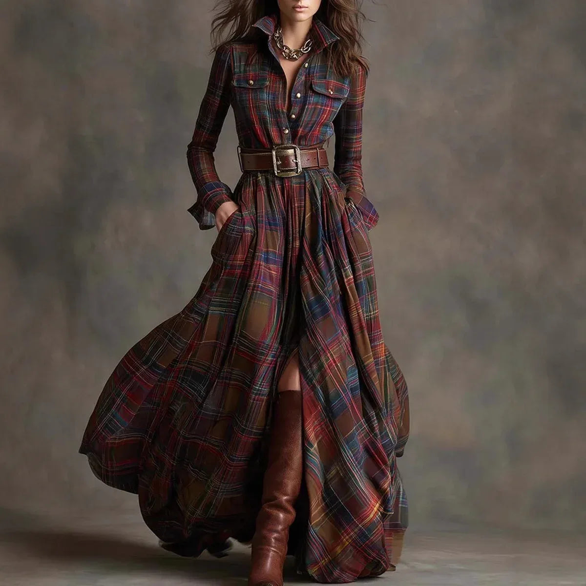 Ins Plaid Print Long-Sleeved Dress Fashion Pockets Collared Buttons Shirt Long Dresses Retro Women's Clothing - DanaFashionstore