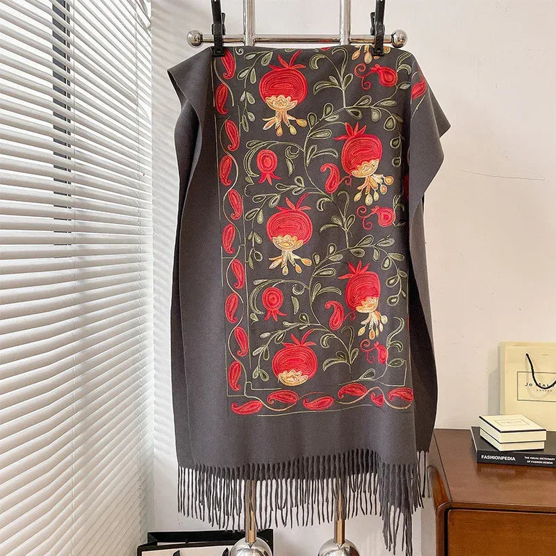 Contrast Color Pomegranate Leaf Embroidered Double-sided Shawl - DanaFashionstore