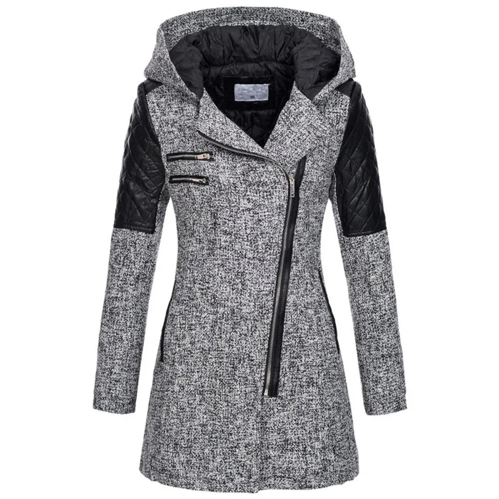 Women Warm Slim Full Zipper Coat Thick Woolen Coat Female Fall Winter Windbreaker Hooded Diagonal Zipper Women's Clothing - DanaFashionstore