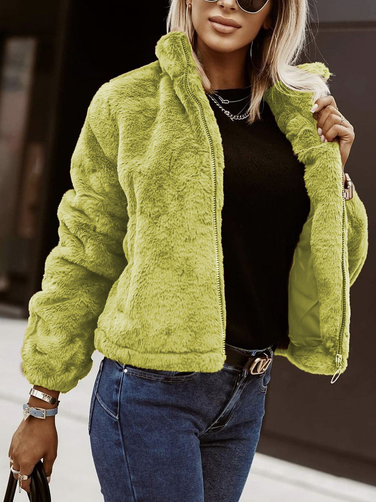 Summer Rabbit Fur Faux Leather Zipper Cardigan Plush Warm Coat