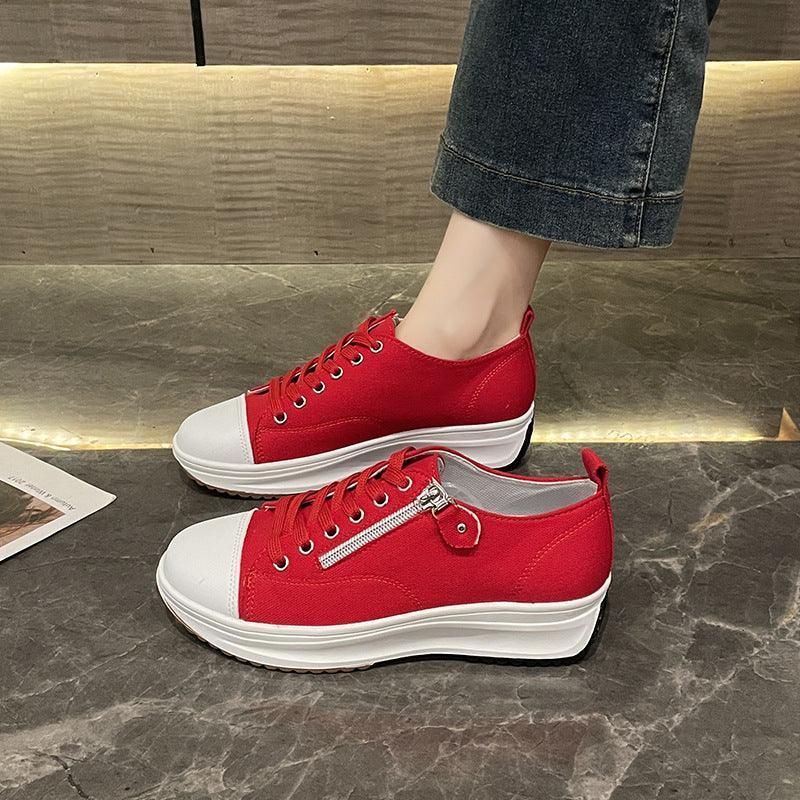 Plus Size Solid Color Low Cut Fashion Round Head Lace-up Platform Women's Casual Pumps - DanaFashionstore
