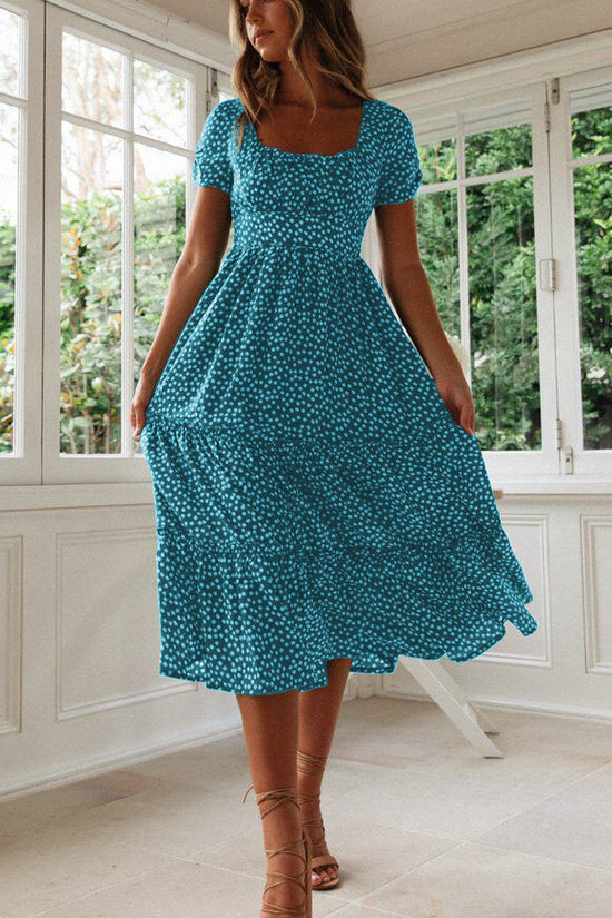 Square Collar Short Sleeve Dress Summer Puff Floral Printed Dress Long Dresses
