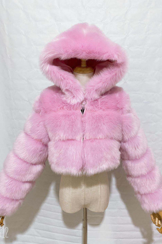 Short Hooded Faux Fur Long Sleeve Coat