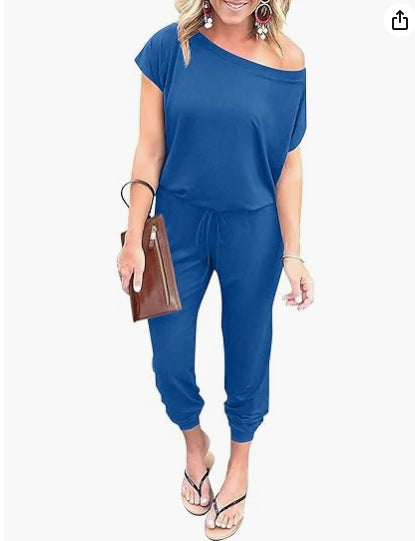 Fashion Slant Shoulder Short Sleeve Pocket Women's Jumpsuit
