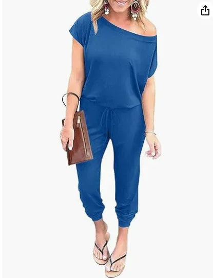 Fashion Slant Shoulder Jumpsuit 2026 - Short Sleeve Pocket Jumpsuit - DanaFashionstore