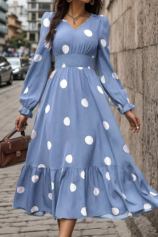 V-neck Long Sleeve Ruffled Hem Dress - Dana Fashion