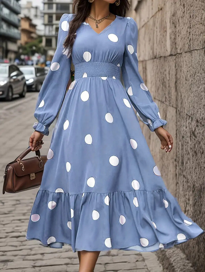 V-neck Long Sleeve Ruffled Hem Dress - Dana Fashion