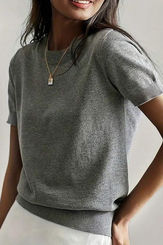Simple Niche Round Neck Solid Color French Short Sleeve Sweater Sweater