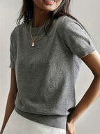 Simple Niche Round Neck Solid Color French Short Sleeve Sweater Sweater - DanaFashionstore