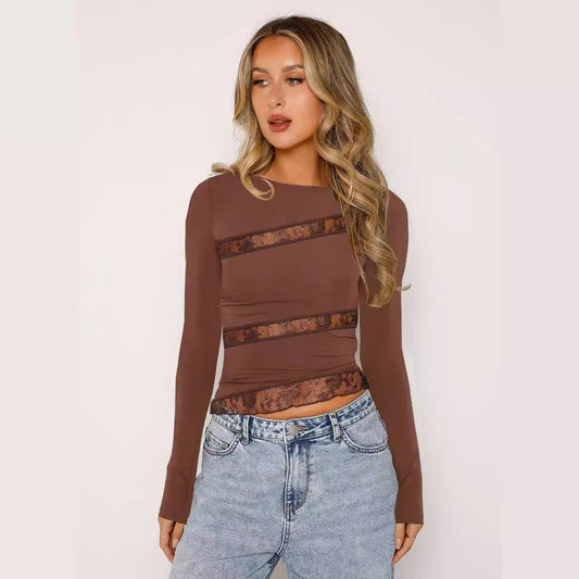 Sexy Lace Patchwork Short-Sleeve Long-Sleeve T-Shirt