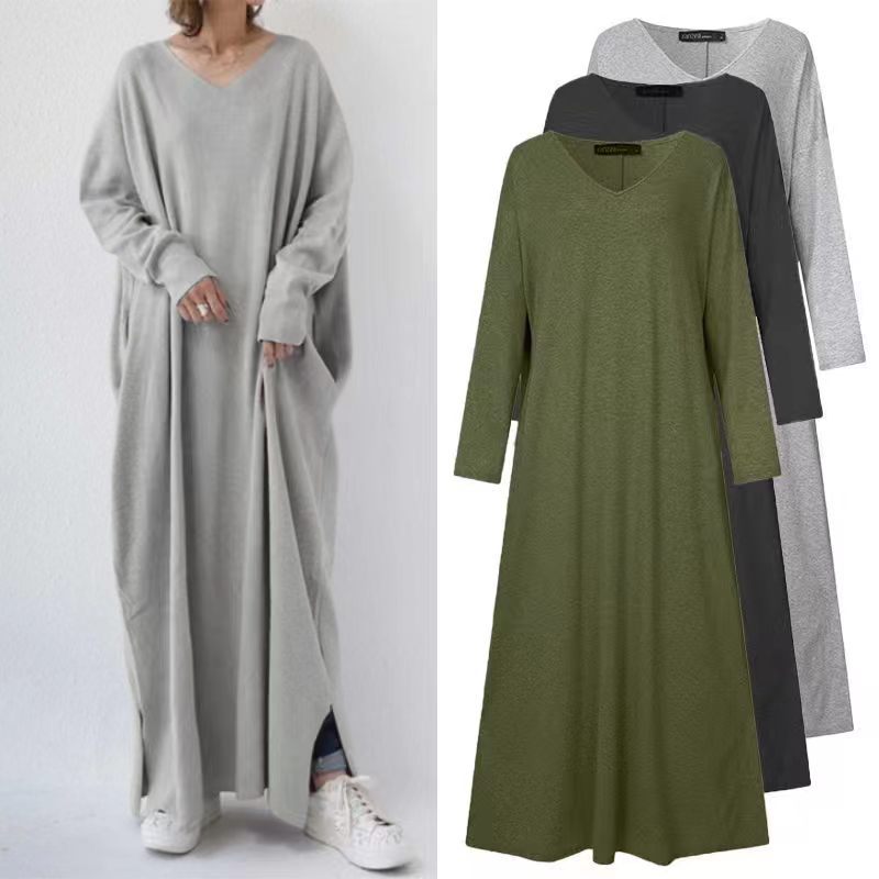 Women's Knitted Long Sleeve V-neck Swing Type Dress