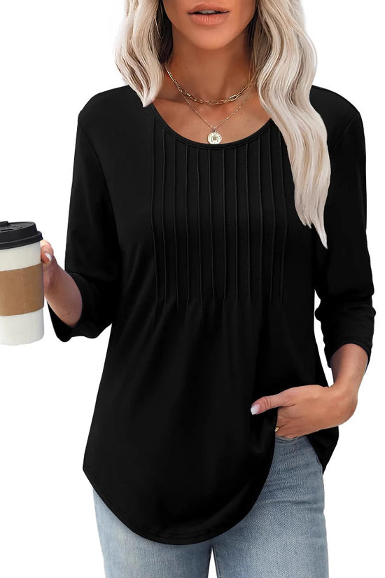 Women's Long Sleeve Top Fashion Casual Pleated Low Round Neck