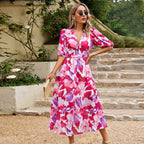 Temperament Waist-controlled V-neck Print Dress