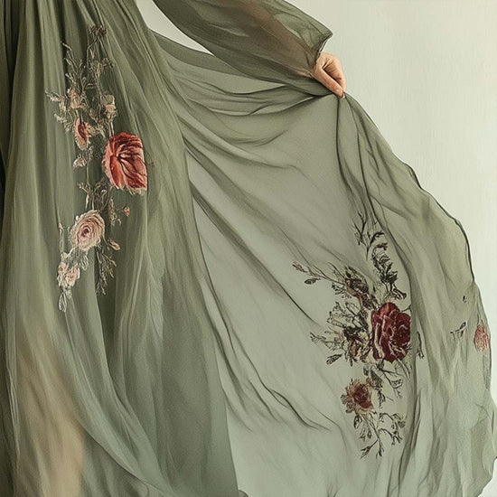 Women's Elegant V-Neck Green Floral Print A-Line Maxi Semi-Sheer Long Sleeve Spring&Summer Dress - Dana Fashion
