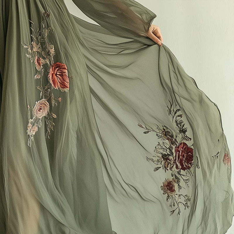 Women's Elegant V-Neck Green Floral Print A-Line Maxi Semi-Sheer Long Sleeve Spring&Summer Dress - Dana Fashion