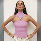 Gold Ring Sleeveless Cold-shoulder Stretch Top - DanaFashionstore
