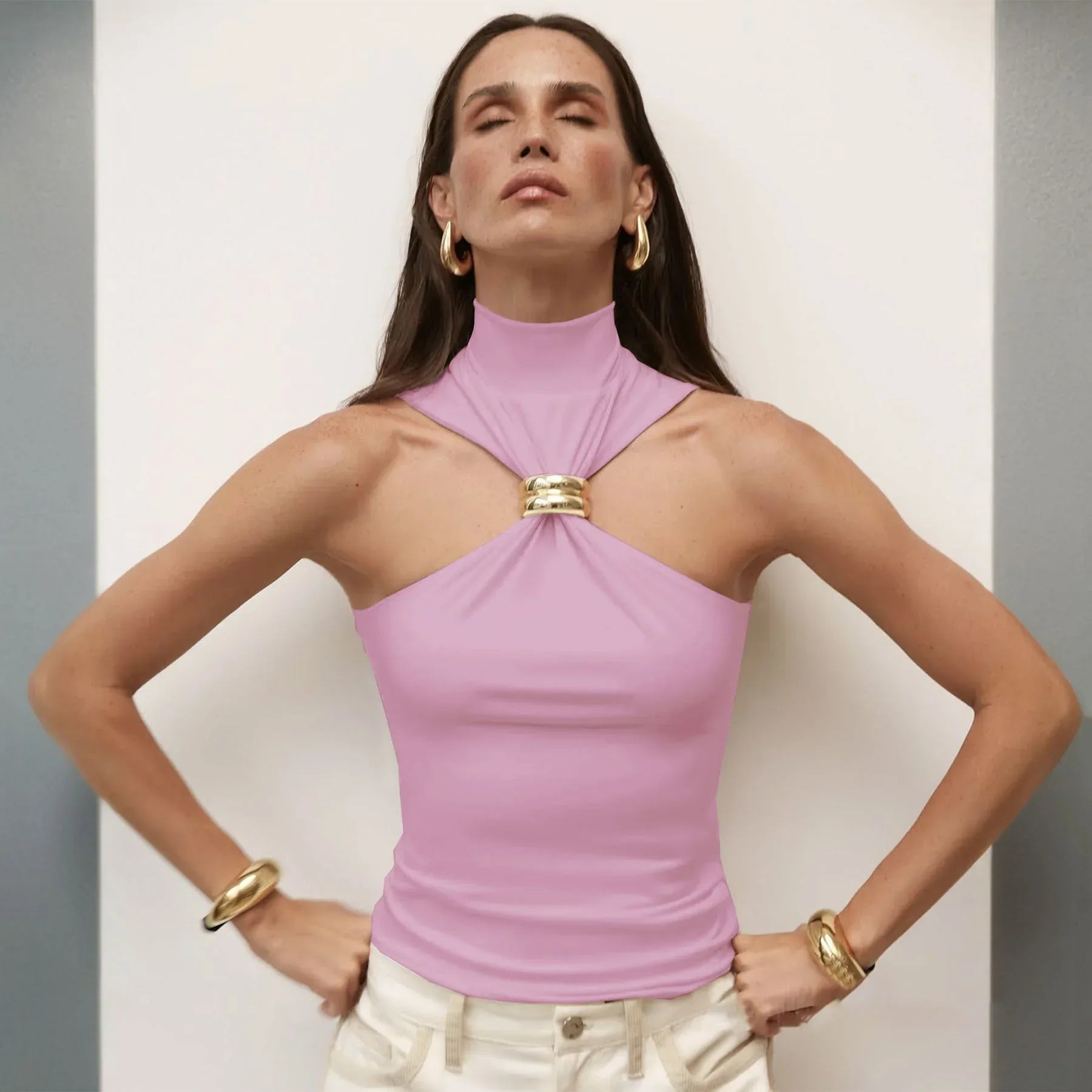 Gold Ring Sleeveless Cold-shoulder Stretch Top - DanaFashionstore