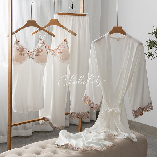 Ice Silk Sexy Slip Nightdress Silk Satin Nightgown With Chest Pad Five-piece Suit Homewear - Dana Fashion