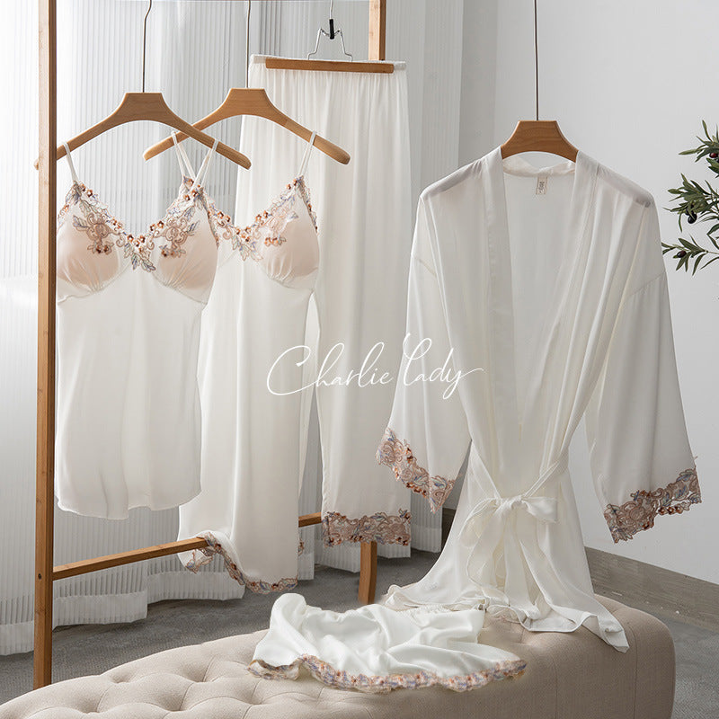 Ice Silk Sexy Slip Nightdress Silk Satin Nightgown With Chest Pad Five-piece Suit Homewear - Dana Fashion