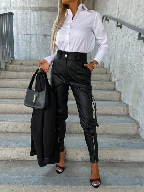 Fall Winter Fashion Slim PU Leather Waist Skinny Trousers Pockets $95.50 Dana Fashion Color: Black size: L Women's clothing Product information: Thickness: medium Fabric name: artificial fur Color: black, dark brown Elastic: medium elastic Main fabric com