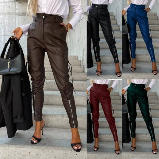 Fall Winter Fashion Slim PU Leather Waist Skinny Trousers Pockets $95.50 Dana Fashion Color: Black size: L Women's clothing Product information: Thickness: medium Fabric name: artificial fur Color: black, dark brown Elastic: medium elastic Main fabric com