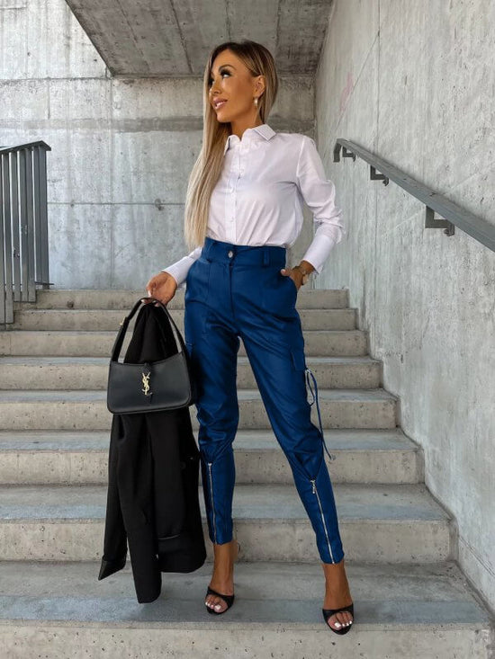 Fall Winter Fashion Slim PU Leather Waist Skinny Trousers Pockets $95.50 Dana Fashion Color: blue size: L Women's clothing Product information: Thickness: medium Fabric name: artificial fur Color: black, dark brown Elastic: medium elastic Main fabric comp