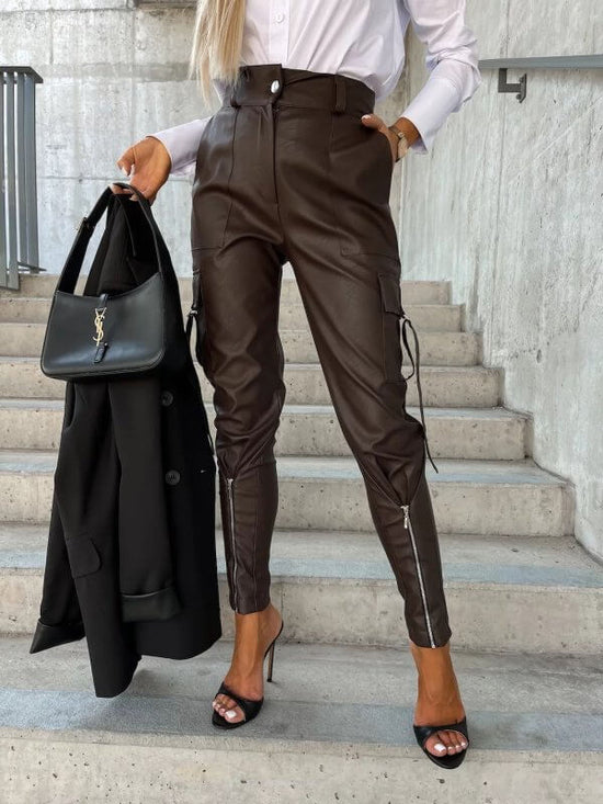 Fall Winter Fashion Slim PU Leather Waist Skinny Trousers Pockets $95.50 Dana Fashion Color: Dark Brown size: L Women's clothing Product information: Thickness: medium Fabric name: artificial fur Color: black, dark brown Elastic: medium elastic Main fabri
