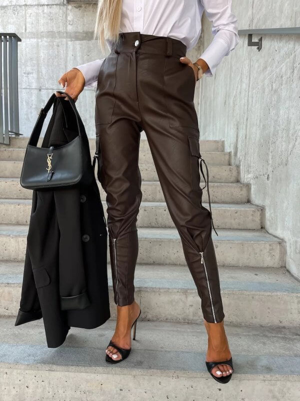 Fall Winter Fashion Slim PU Leather Waist Skinny Trousers Pockets $95.50 Dana Fashion Color: Dark Brown size: L Women's clothing Product information: Thickness: medium Fabric name: artificial fur Color: black, dark brown Elastic: medium elastic Main fabri