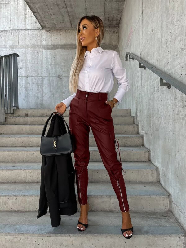 Fall Winter Fashion Slim PU Leather Waist Skinny Trousers Pockets $95.50 Dana Fashion Color: Black size: L Women's clothing Product information: Thickness: medium Fabric name: artificial fur Color: black, dark brown Elastic: medium elastic Main fabric com