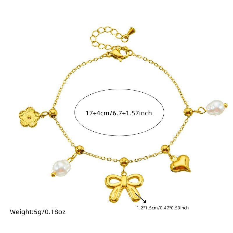 Fashion Bowknot Pearl Heart Drop Oil Contrast Color Bracelet $16.13 Dana Fashion Color: B1504 Women's Accessories Product information: Treatment Process: Electroplating Color: 168.04,168.05,168.06 Applicable population: Female Applicable occasions for gif