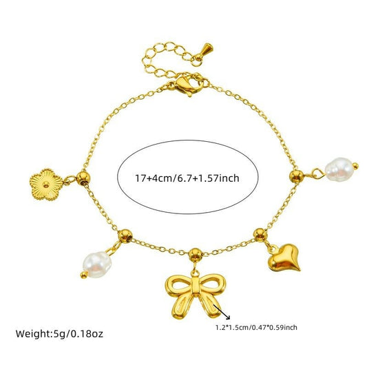 Fashion Bowknot Pearl Heart Drop Oil Contrast Color Bracelet $16.13 Dana Fashion Color: B1504 Women's Accessories Product information: Treatment Process: Electroplating Color: 168.04,168.05,168.06 Applicable population: Female Applicable occasions for gif