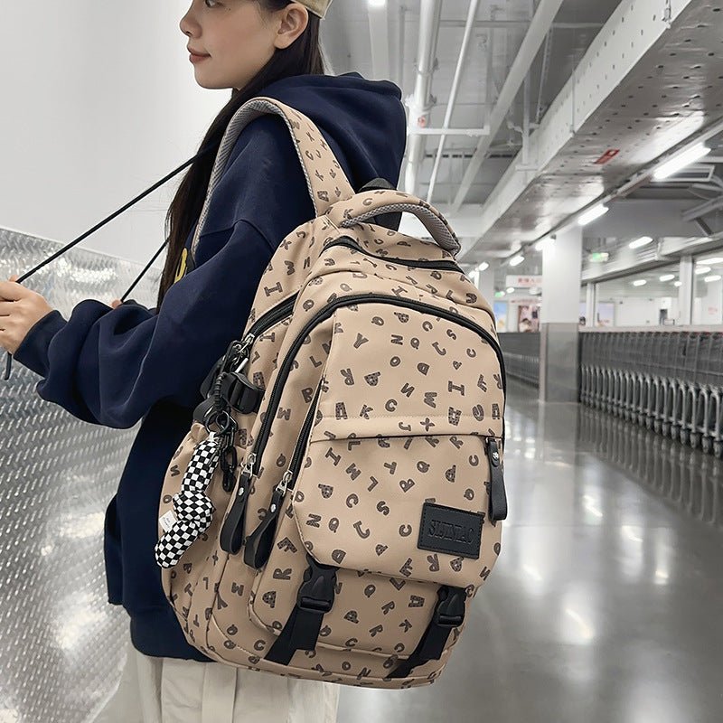 Fashion Casual All Matching Backpack $56.50 Dana Fashion Color: Brown Style: With Pendant Women's Bags Product information: Color: white and gray letters, white card letters, light khaki, dark khaki, Brown Applicable gender: neutral/both men and women Mat
