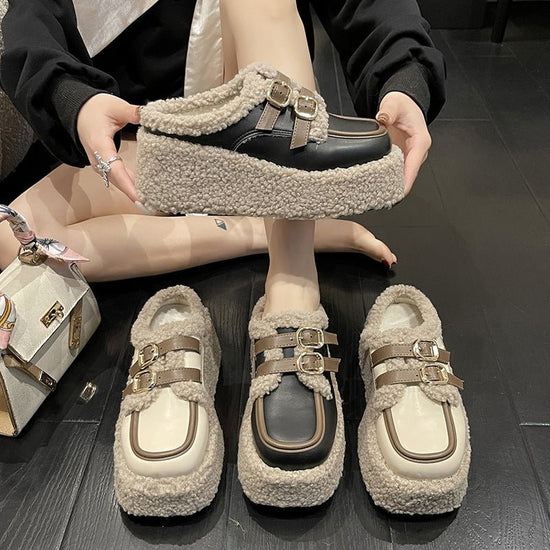 Fashion Korean Style Belt Buckle Outer Wear Fleece-lined Wedge Slippers $65.45 Dana Fashion Color: Beige Size: 35 Women's shoes Product information: Lining material: PU Toe holder shape: round head Color: creamy-white, Black Shoe Upper material: PU Size: