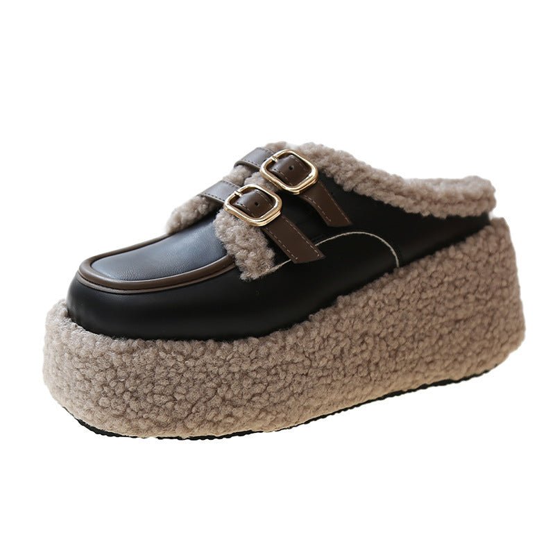 Fashion Korean Style Belt Buckle Outer Wear Fleece-lined Wedge Slippers $65.45 Dana Fashion Color: Black Size: 35 Women's shoes Product information: Lining material: PU Toe holder shape: round head Color: creamy-white, Black Shoe Upper material: PU Size: