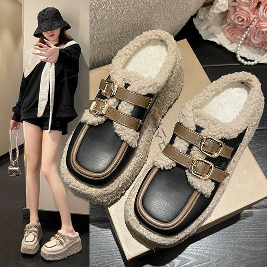 Fashion Korean Style Belt Buckle Outer Wear Fleece-lined Wedge Slippers $65.45 Dana Fashion Color: Beige Size: 35 Women's shoes Product information: Lining material: PU Toe holder shape: round head Color: creamy-white, Black Shoe Upper material: PU Size: