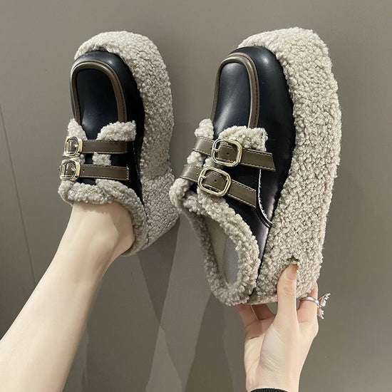 Fashion Korean Style Belt Buckle Outer Wear Fleece-lined Wedge Slippers $65.45 Dana Fashion Color: Beige Size: 35 Women's shoes Product information: Lining material: PU Toe holder shape: round head Color: creamy-white, Black Shoe Upper material: PU Size: