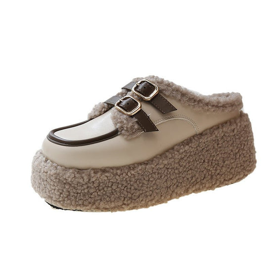 Fashion Korean Style Belt Buckle Outer Wear Fleece-lined Wedge Slippers $65.45 Dana Fashion Color: Beige Size: 35 Women's shoes Product information: Lining material: PU Toe holder shape: round head Color: creamy-white, Black Shoe Upper material: PU Size: