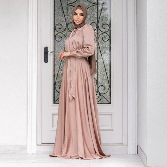 Fashion Large Hem Satin Dress $54.28 Dana Fashion Color: Bare Pink Size: L Women's clothing Product information: Color: nude pink, mint green, reddish brown Sleeve type: puff sleeve Main fabric composition: Polyester (polyester fiber) Size: S,M,L,XL,XXL S