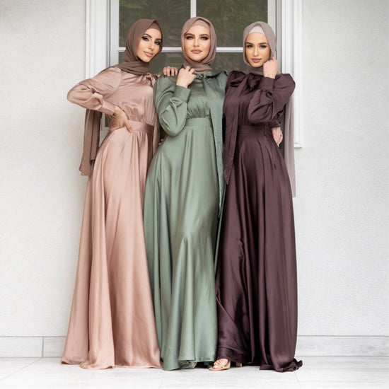 Fashion Large Hem Satin Dress $54.28 Dana Fashion Color: Bare Pink Size: L Women's clothing Product information: Color: nude pink, mint green, reddish brown Sleeve type: puff sleeve Main fabric composition: Polyester (polyester fiber) Size: S,M,L,XL,XXL S