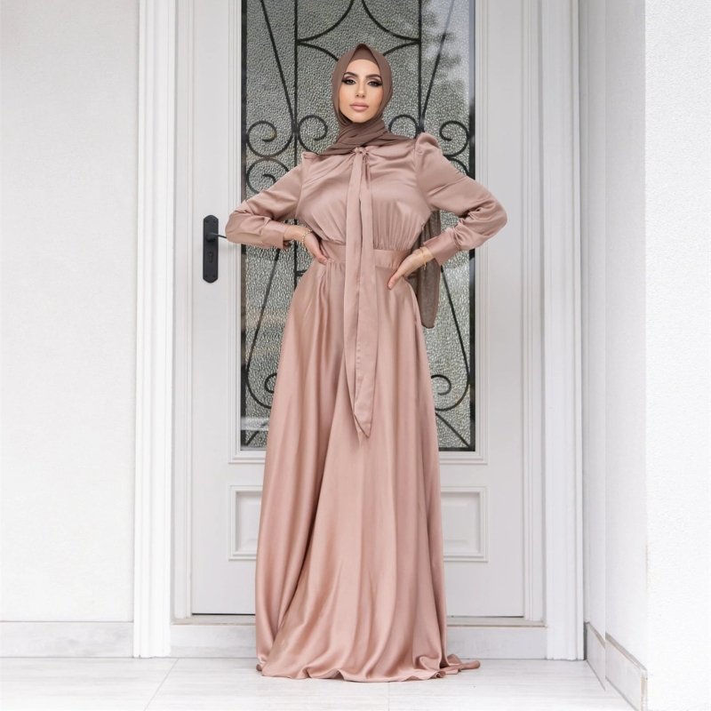 Fashion Large Hem Satin Dress $54.28 Dana Fashion Color: Bare Pink Size: L Women's clothing Product information: Color: nude pink, mint green, reddish brown Sleeve type: puff sleeve Main fabric composition: Polyester (polyester fiber) Size: S,M,L,XL,XXL S